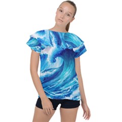 Tsunami Tidal Wave Ocean Waves Sea Nature Water Blue Painting Ruffle Collar Chiffon Blouse