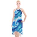 Tsunami Tidal Wave Ocean Waves Sea Nature Water Blue Painting High-Low Halter Chiffon Dress  View1