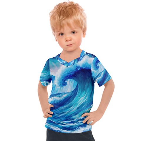 Tsunami Tidal Wave Ocean Waves Sea Nature Water Blue Painting Kids  Sports Tee by Ravend