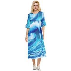 Tsunami Tidal Wave Ocean Waves Sea Nature Water Blue Painting Double Cuff Midi Dress