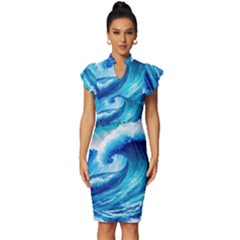 Tsunami Tidal Wave Ocean Waves Sea Nature Water Blue Painting Vintage Frill Sleeve V-neck Bodycon Dress by Ravend