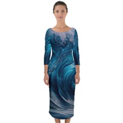 Tsunami Waves Ocean Sea Water Rough Seas 3 Quarter Sleeve Midi Bodycon Dress