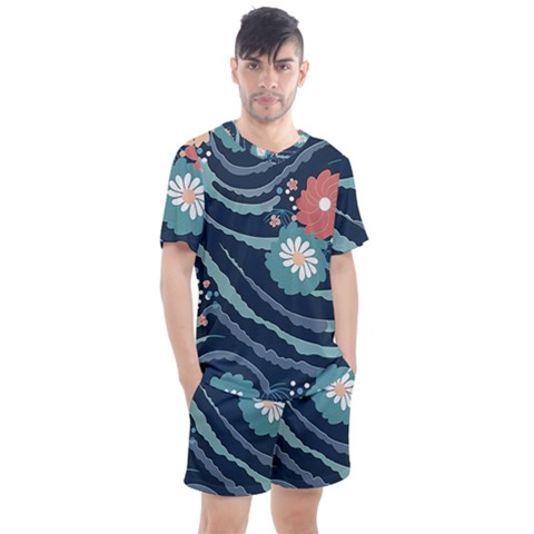Waves Flowers Pattern Water Floral Minimalist Men s Mesh Tee And Shorts Set by Ravend