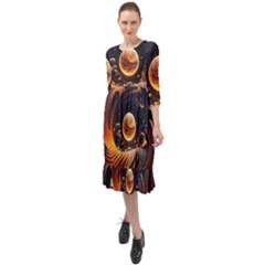 Ai Generated Swirl Space Design Fractal Light Abstract Ruffle End Midi Chiffon Dress