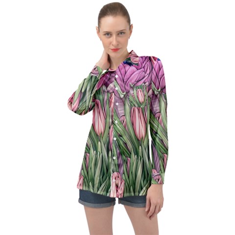 Chic Choice Classic Watercolor Flowers Long Sleeve Satin Shirt by GardenOfOphir