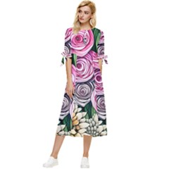 Breathtaking Bright Brilliant Watercolor Flowers Bow Sleeve Chiffon Midi Dress by GardenOfOphir