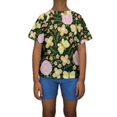 Flowers Rose Blossom Pattern Creative Motif Kids  Short Sleeve Swimwear