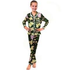 Flowers Rose Blossom Pattern Creative Motif Kid s Satin Long Sleeve Pajamas Set