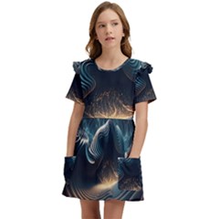 Ai Generated Swirl Space Design Fractal Light Kids  Frilly Sleeves Pocket Dress by Ravend