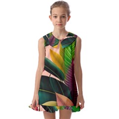 Ai Generated Tropical Leaves Foliage Wallpaper Kids  Pilgrim Collar Ruffle Hem Dress by Ravend