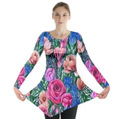 Bright And Brilliant Watercolor Flowers Long Sleeve Tunic  by GardenOfOphir