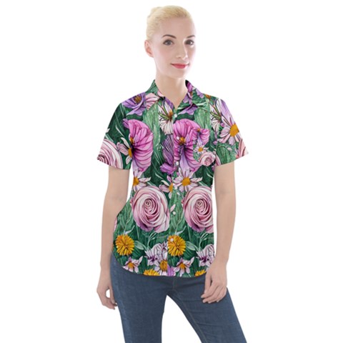 Budding And Captivating Flowers Women s Short Sleeve Pocket Shirt by GardenOfOphir