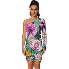 Budding And Captivating Flowers Long Sleeve One Shoulder Mini Dress by GardenOfOphir