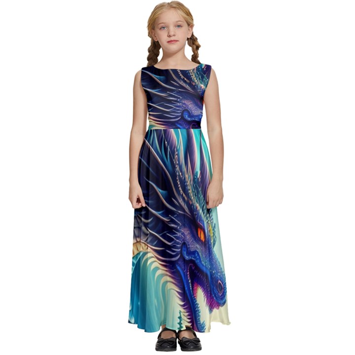 Ai Generated Dragon Fractal Art Texture Kids  Satin Sleeveless Maxi Dress