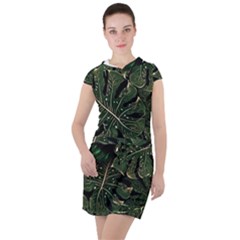 Monstera Plant Tropical Jungle Leaves Pattern Drawstring Hooded Dress by Ravend