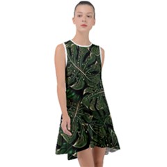 Monstera Plant Tropical Jungle Leaves Pattern Frill Swing Dress