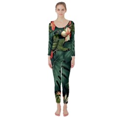 Flowers Monstera Foliage Tropical Jungle Drawing Long Sleeve Catsuit