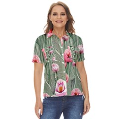 Pure And Radiant Watercolor Flowers Women s Short Sleeve Double Pocket Shirt