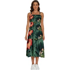 Flowers Monstera Foliage Tropical Jungle Drawing Sleeveless Shoulder Straps Boho Dress by Ravend