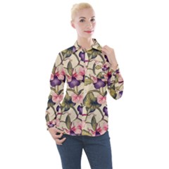 Flowers Pattern Decorative Wallpaper Scrapbooking Women s Long Sleeve Pocket Shirt
