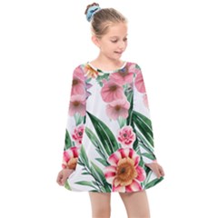 Chic Watercolor Flowers Kids  Long Sleeve Dress by GardenOfOphir