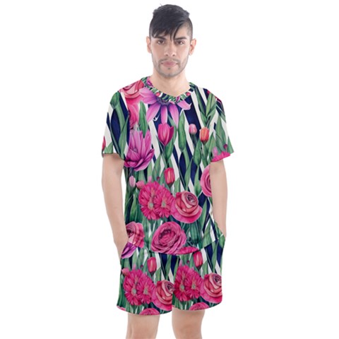 Classy Botanicals – Watercolor Flowers Botanical Men s Mesh Tee And Shorts Set by GardenOfOphir