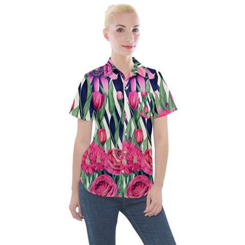 Classy Botanicals – Watercolor Flowers Botanical Women s Short Sleeve Pocket Shirt by GardenOfOphir