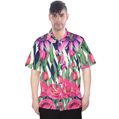 Classy Botanicals – Watercolor Flowers Botanical Men s Hawaii Shirt by GardenOfOphir
