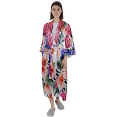 Country-chic Watercolor Flowers Maxi Satin Kimono by GardenOfOphir