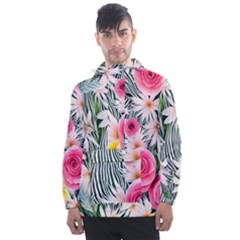 Classy And Chic Watercolor Flowers Men s Front Pocket Pullover Windbreaker by GardenOfOphir