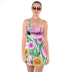 Cheerful And Captivating Watercolor Flowers One Soulder Bodycon Dress by GardenOfOphir