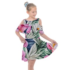 Delightful Watercolor Flowers And Foliage Kids  Shoulder Cutout Chiffon Dress by GardenOfOphir