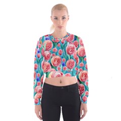 Brilliantly Hued Watercolor Flowers In A Botanical Cropped Sweatshirt by GardenOfOphir