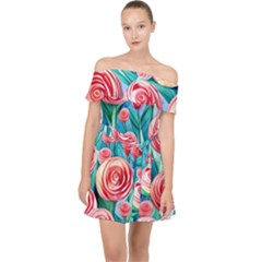 Brilliantly Hued Watercolor Flowers In A Botanical Off Shoulder Chiffon Dress by GardenOfOphir