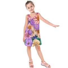 Exotic Tropical Botanical Flowers Pattern Kids  Sleeveless Dress by GardenOfOphir
