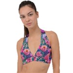 Retro Floral Halter Plunge Bikini Top