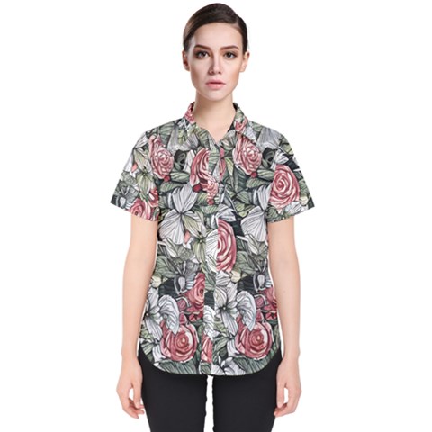 Retro Topical Botanical Flowers Women s Short Sleeve Shirt by GardenOfOphir