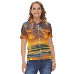 Waves At Sunset Women s Short Sleeve Double Pocket Shirt
