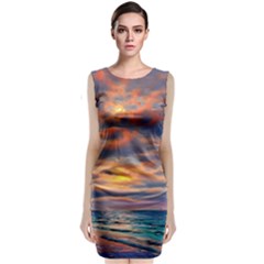 Serene Sunset Over Beach Sleeveless Velvet Midi Dress by GardenOfOphir