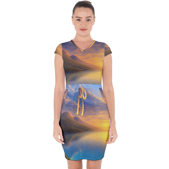 Benevolent Sunset Capsleeve Drawstring Dress 