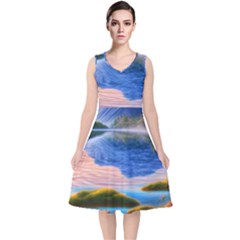 Romantic Lake Sunset V-neck Midi Sleeveless Dress  by GardenOfOphir