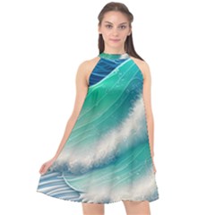 Beautiful Abstract Pastel Ocean Waves Halter Neckline Chiffon Dress  by GardenOfOphir