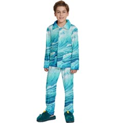 Blue Ocean Wave Watercolor Ii Kids  Long Sleeve Velvet Pajamas Set by GardenOfOphir