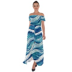 Abstract Blue Ocean Waves Off Shoulder Open Front Chiffon Dress by GardenOfOphir