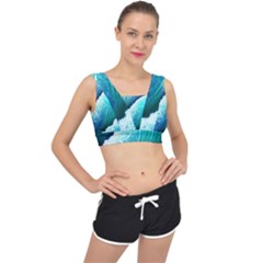 Abstract Waves In Blue And Green V-back Sports Bra by GardenOfOphir