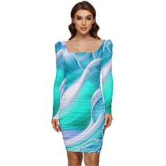 Pastel Simple Wave Women Long Sleeve Ruched Stretch Jersey Dress by GardenOfOphir