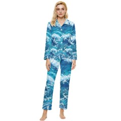 Abstract Blue Ocean Waves Iii Womens  Long Sleeve Velvet Pocket Pajamas Set by GardenOfOphir