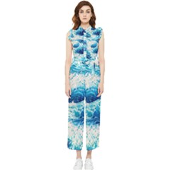 Abstract Blue Ocean Wave Ii Women s Frill Top Chiffon Jumpsuit by GardenOfOphir