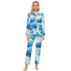 Abstract Blue Ocean Wave Ii Womens  Long Sleeve Velvet Pocket Pajamas Set