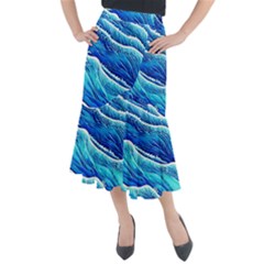 Blue Ocean Wave Watercolor Midi Mermaid Skirt by GardenOfOphir